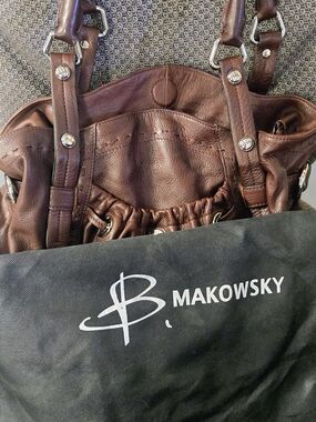 b. makowsky Brown Leather Shoulder Tote with Silver Hardware